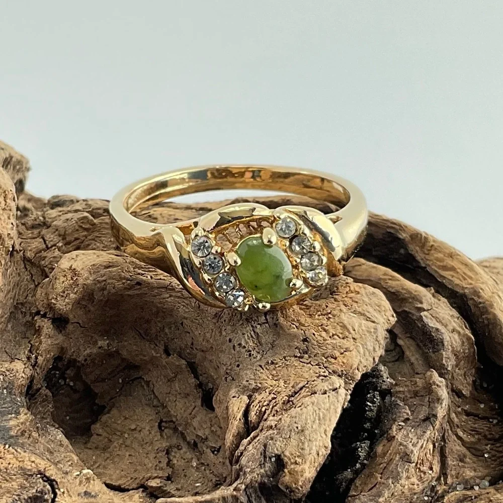 Jade & Clear Stones Gold Plated Ring, Unisex, Nephrite Jade Cabochon